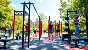 Engaging individuals exercising with Outdoor Gym Equipment in a sunny park setting.