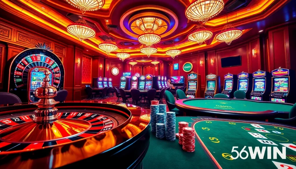 Experience thrilling gameplay at 56WIN with vibrant casino tables and exciting slot machines.
