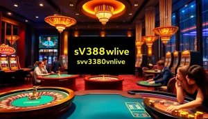 Experience thrilling gameplay at https://sv388win.live with an exciting casino scene featuring poker tables and roulette wheels.