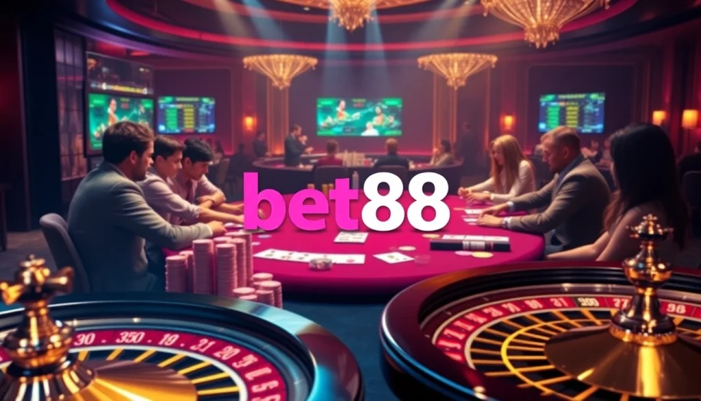 Bet88 casino scene showcasing a poker game with vibrant chips and a roulette wheel.