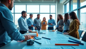 Engaged professionals at a construction association Colorado meeting discussing blueprints and tools.