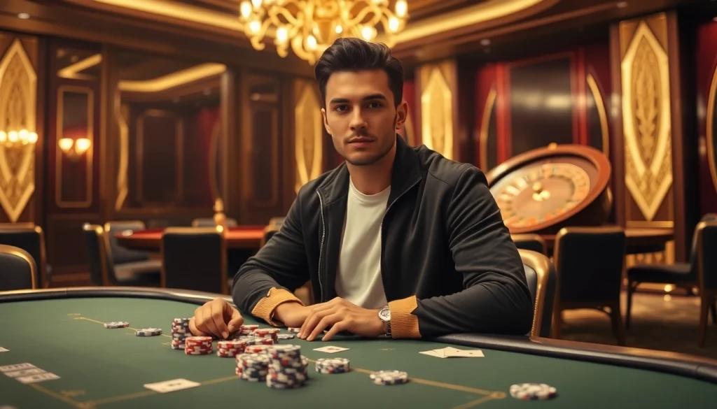 Stylish individual in Essentials Tracksuit plays poker in a luxurious casino setting.