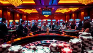 Players enjoy thrilling games at the Luckywin casino, surrounded by vibrant slot machines.