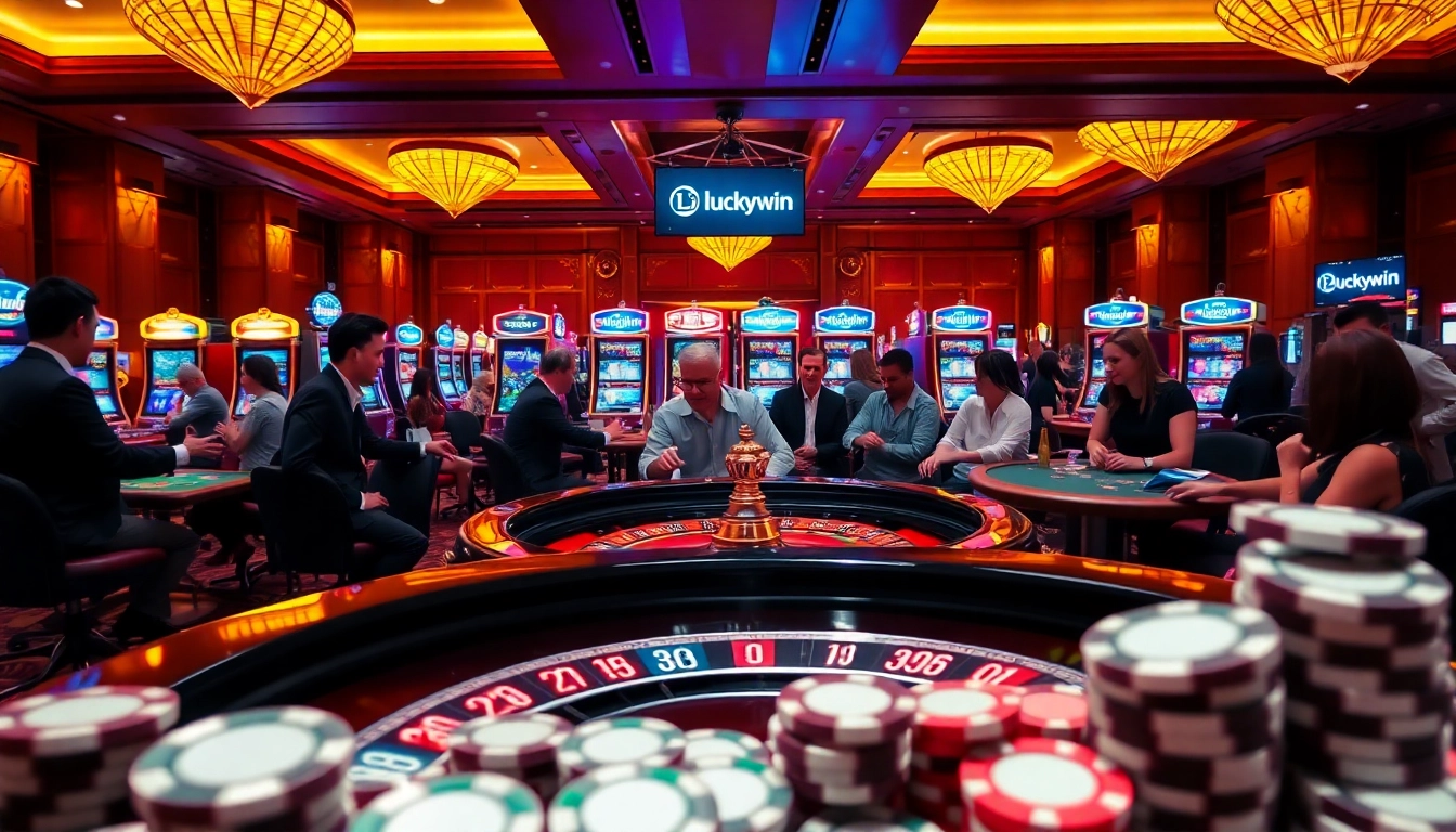 Players enjoy thrilling games at the Luckywin casino, surrounded by vibrant slot machines.