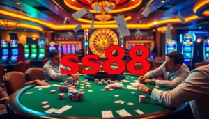 Intense poker action with players showcasing their skills at the s88 table, vibrant casino atmosphere