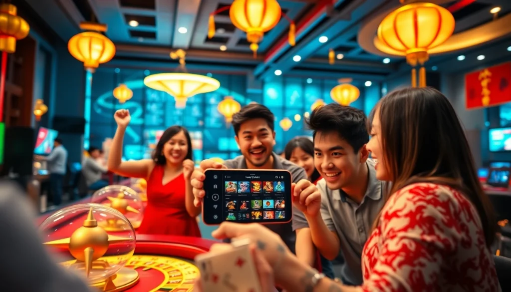 Engaging scene of players enjoying their time on the Ho88 online gambling platform, showcasing vibrant colors and community spirit.