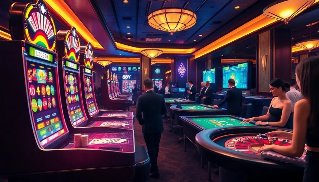 Players engaging in the thrilling 88i game online with vibrant slot machines and elegant table setups.