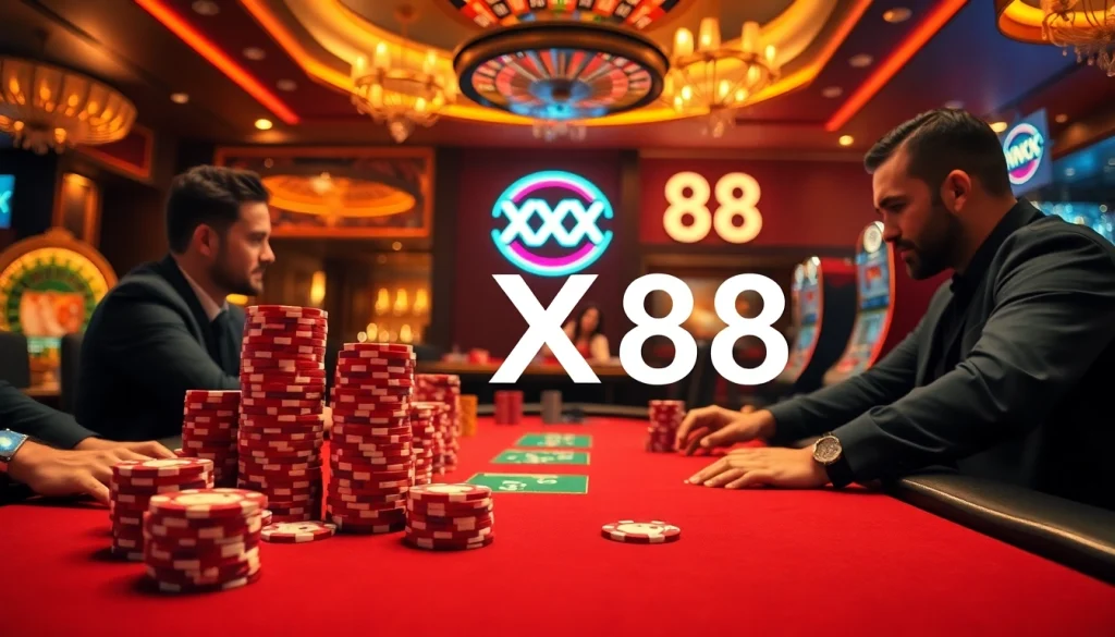 Experience the thrill of gambling at the XX88 poker table surrounded by a luxurious casino atmosphere.