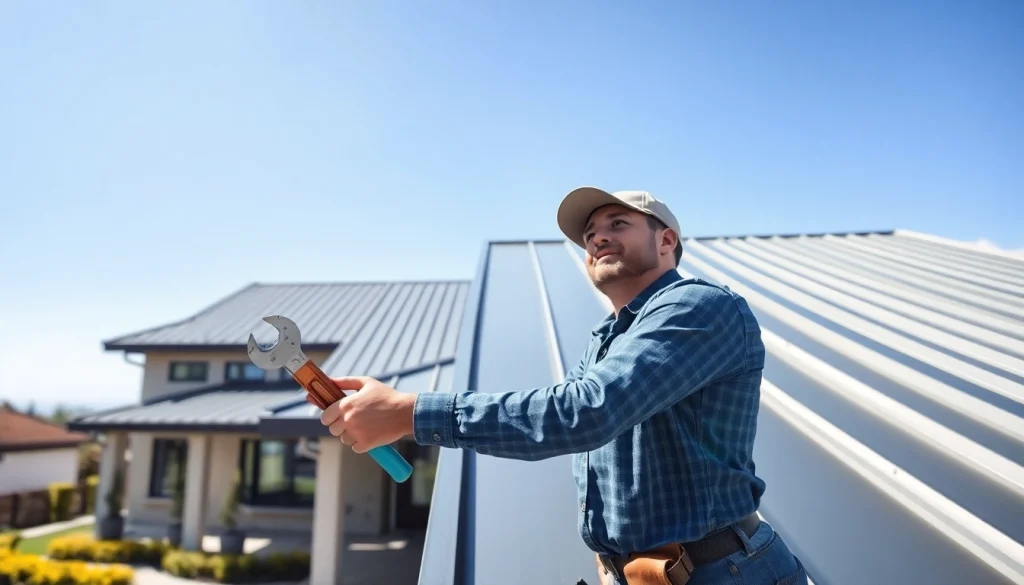 Inspecting the gleaming metal roofing installation reflects quality craftsmanship and modern design.