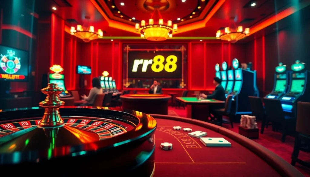 Experience high-stakes action at rr88 with poker tables and roulette wheels illuminating the casino atmosphere.