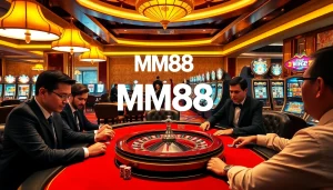 MM88 casino featuring an engaging gaming table with players, roulette wheel, and vibrant ambiance.