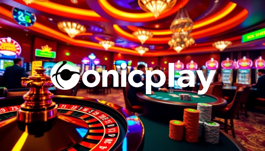 Experience the excitement of Onicplay with colorful slot machines and a spinning roulette wheel.
