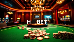 Excited players enjoy a high-stakes game at the luxurious HBBET casino table with colorful chips.
