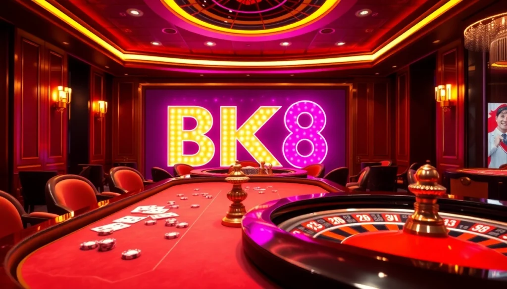Experience the excitement of BK8 in a luxurious casino setting with gaming tables and a roulette wheel.