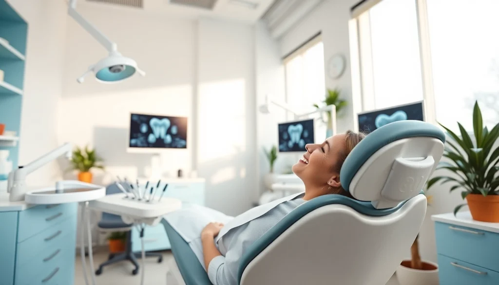 高度な機器を備えた歯科クリニックが、笑顔の患者にホワイトニング治療を施している様子。