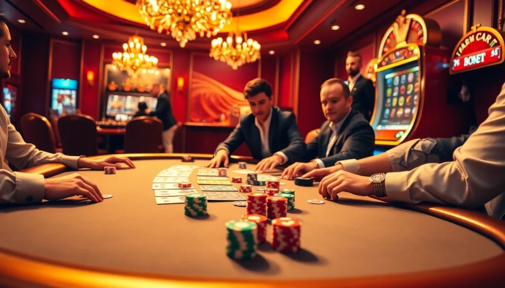 Exciting poker action at fabet3.com showcasing chips and cards in a vibrant casino setting.