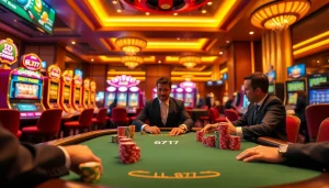 Casual gamblers enjoying a thrilling session at 6L777 poker tables in a luxurious casino setting.