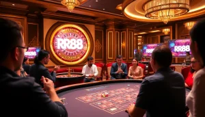 Dynamic casino scene showcasing RR88's vibrant gambling tables and poker chips.