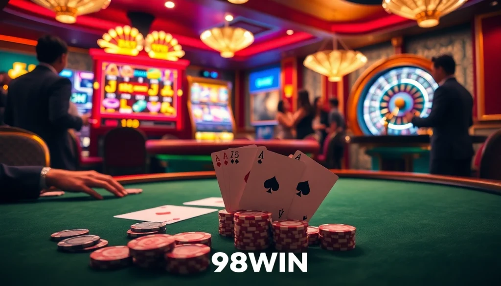 Experience thrilling gameplay at 98WIN with vibrant casino tables and exciting slot machines.