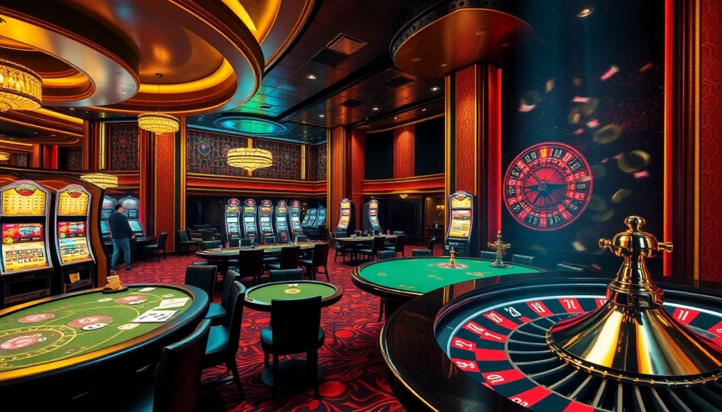 S8 casino excitement with vibrant tables, roulette wheels, and slot machines in a luxurious setting