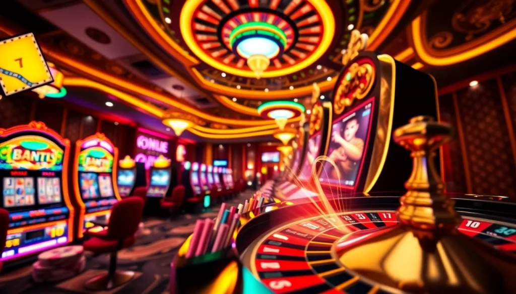 Engaging scene of a player enjoying bomwin online gambling with vibrant slot machines and roulette wheels.