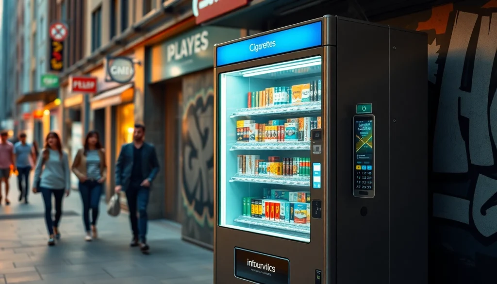 Cigarette vending machine featuring an array of colorful products in a trendy urban setting, highlighting modern retail convenience.