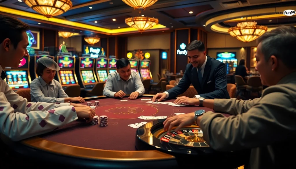 Players engaging at an exciting game table at nhà cái fun79 casino with vibrant slot machines.