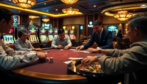 Players engaging at an exciting game table at nhà cái fun79 casino with vibrant slot machines.
