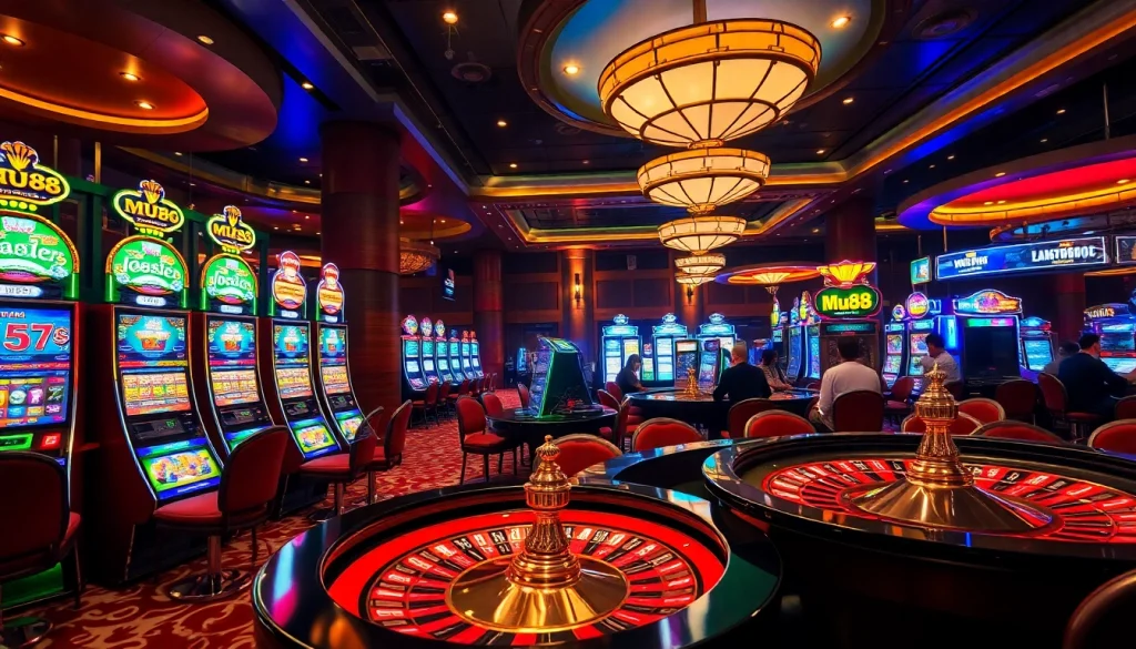 Players enjoying the thrill of Mu88 Casino with vibrant slot machines and roulette excitement.