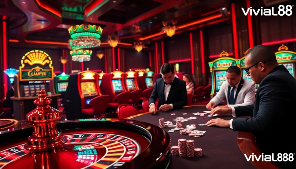 Experience excitement at Viral88 with players enjoying poker and a vibrant casino atmosphere.