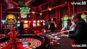 Experience excitement at Viral88 with players enjoying poker and a vibrant casino atmosphere.