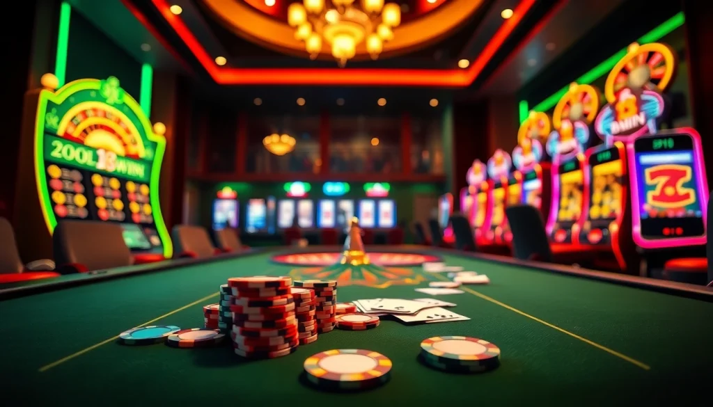 Exciting gaming atmosphere at 18win featuring poker chips, roulette, and slot machines.