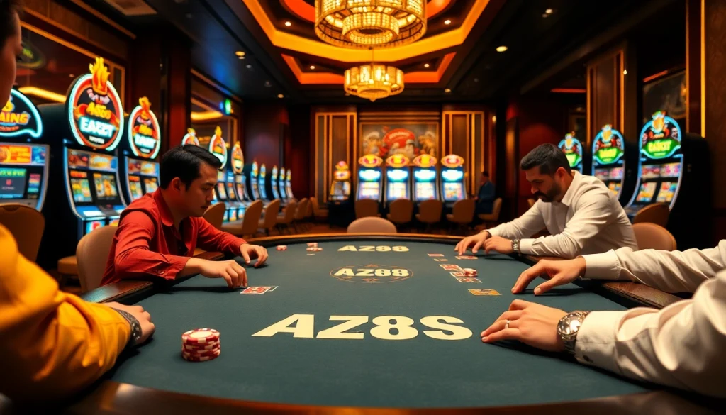 A lively AZ88 poker table scene featuring players, colorful chips, and luxurious casino ambiance.
