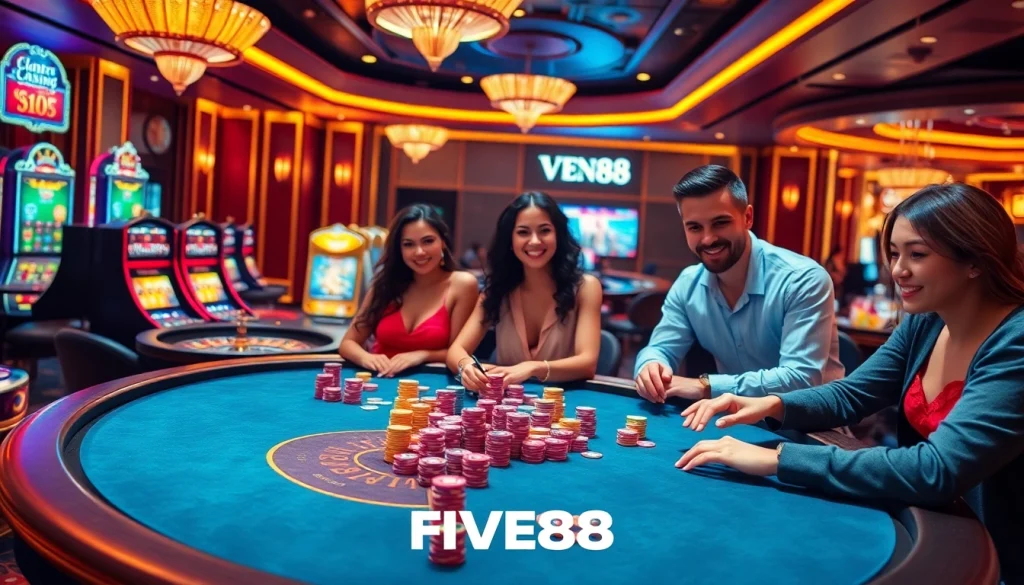 Engaging players at a luxurious FIVE88 casino table with colorful chips and vibrant atmosphere.