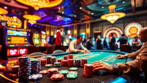 A lively poker table at https://go99.observer/, showcasing vibrant chips and an exciting casino atmosphere.