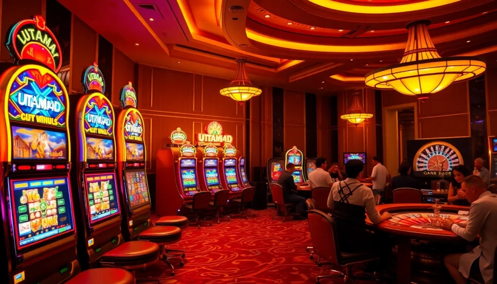 Rasakan sensasi bermain di UTAMA4D dengan mesin slot berwarna-warni, pemain beranimasi, dan dekorasi kasino yang glamor.