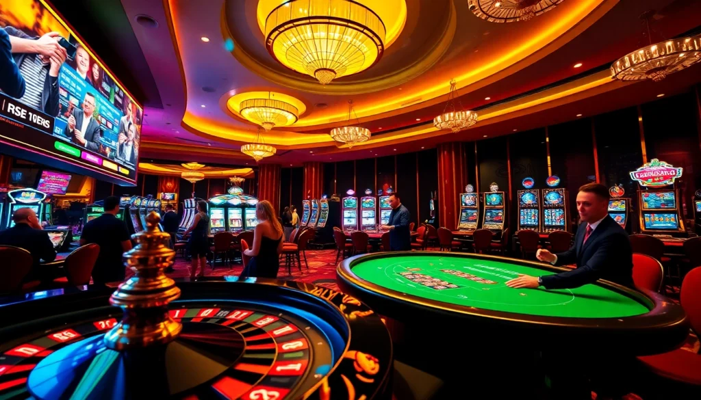 Exciting casino scene with players at tables, slot machines, and online gaming interfaces showcasing https://lucky88.direct/.