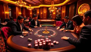 High-stakes poker game at a luxury casino showcasing https://88vv.media/ elements with vivid poker chips and roulette wheel.