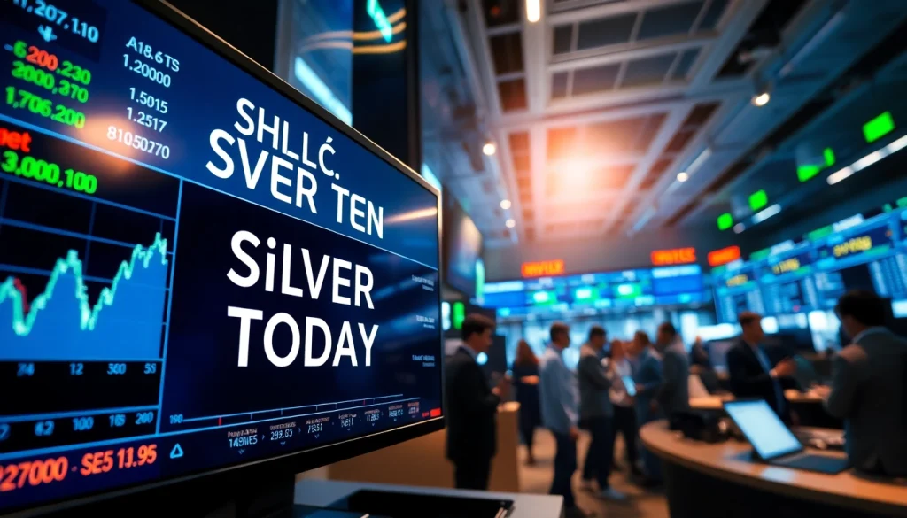 Display of the price of silver today on a stock ticker in a dynamic trading room.