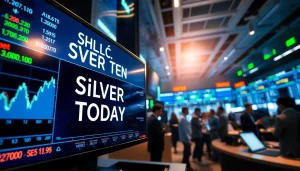 Display of the price of silver today on a stock ticker in a dynamic trading room.