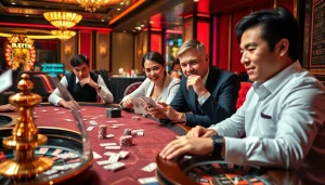 Experience high-stakes gaming at Dominoqiu with excited players at an upscale casino table.