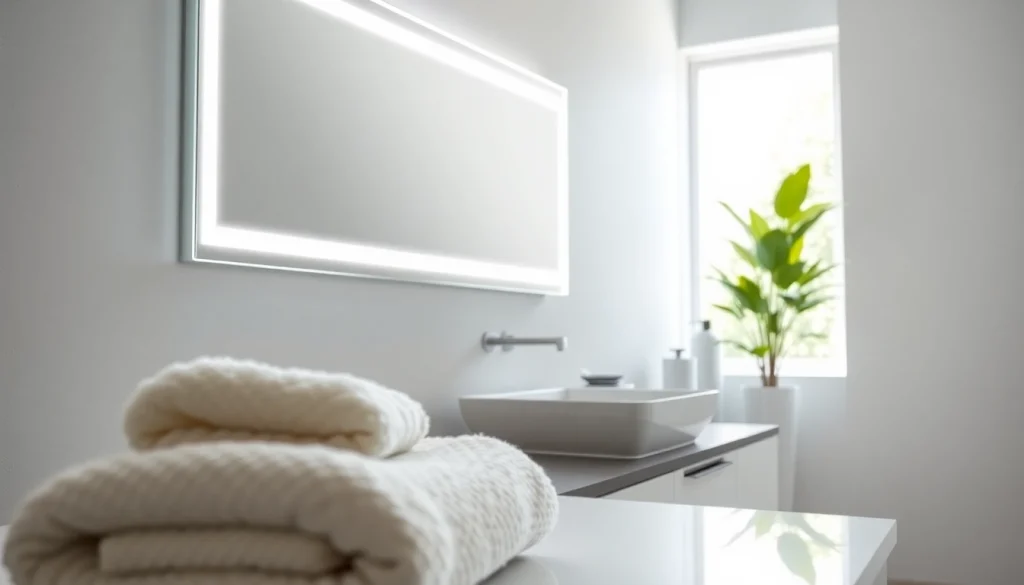 Showcasing a stylish mirror and led lights in a modern bathroom setting.