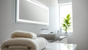 Showcasing a stylish mirror and led lights in a modern bathroom setting.