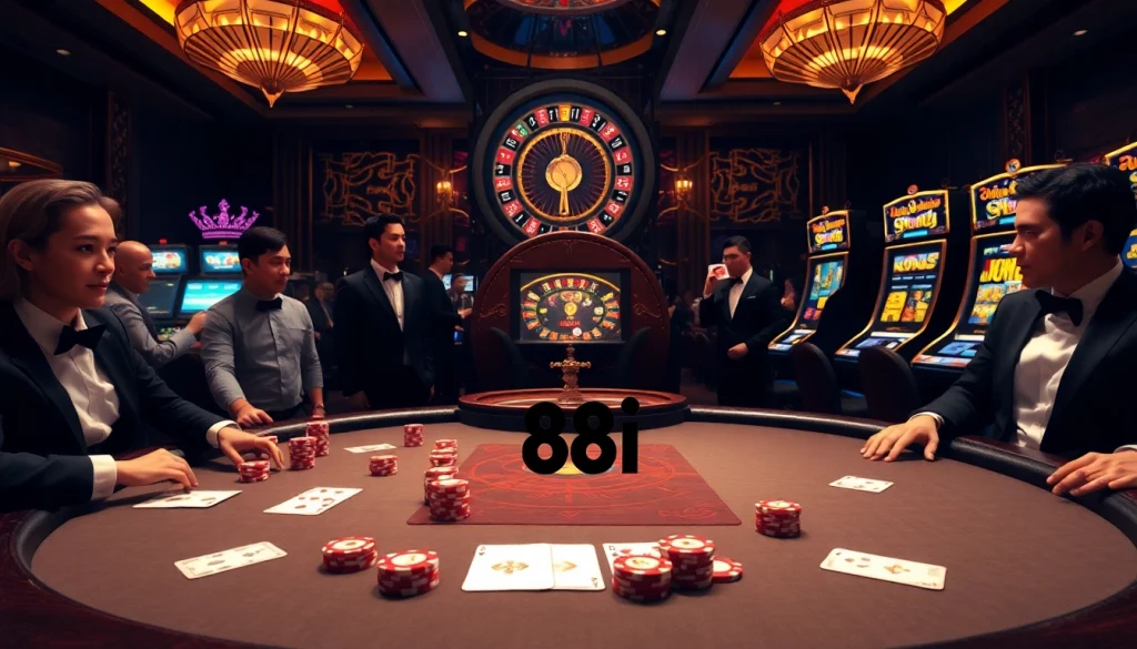 A luxurious casino scene showcasing players at a poker table with 88i betting slips and glamorous roulette and slot machines.