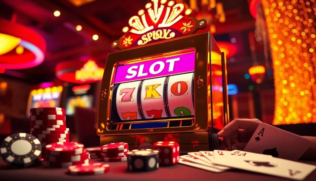 Rasakan sensasi permainan slot pulsa dengan elemen kasino yang berwarna-warni dan mesin slot siap jackpot.