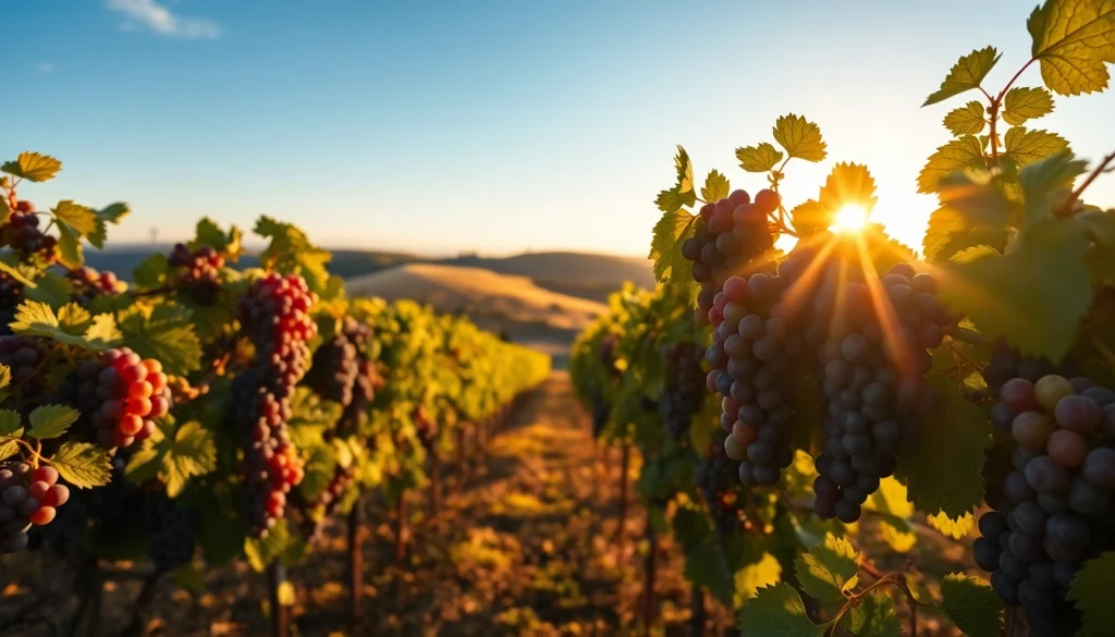Grapevines in Carksburg CA surrounded by rolling hills and a vibrant sunset.