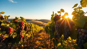Grapevines in Carksburg CA surrounded by rolling hills and a vibrant sunset.