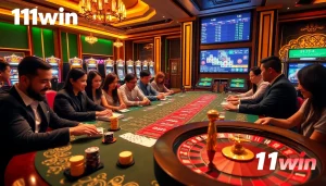 Engaging gamblers at the 11win casino table with poker chips and cards.