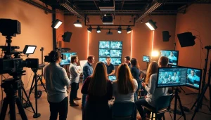 Dynamic video production Phoenix team collaborating in a modern studio setting