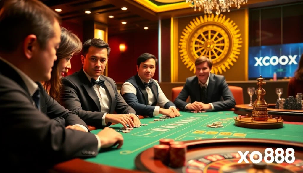 Experience the thrill of gambling with xo88 at a luxurious poker table, showcasing vibrant chips and action.